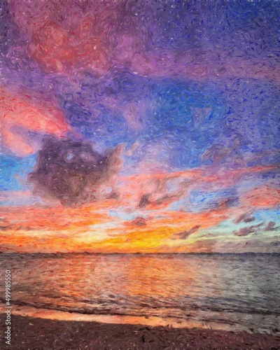 Nature landscape painting in oil pictorial art, famous travel and tourism place, outdoor vacation trend print for poster, paper, textile or canvas. Modern fine arts design wallpaper. Wall art drawing