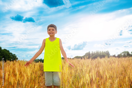 Boy stand in the wheat field with lifted up hands © Sergey Novikov
