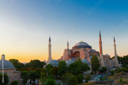 Beautiful view on Hagia Sophia in Istanbul, Turkey from top view at sunset photo