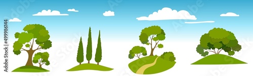 flat set of groups of green trees on a blue sky background with clouds