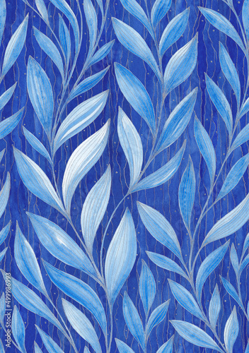 Fototapeta Naklejka Na Ścianę i Meble -  Vintage blue nature seamless pattern. Watercolor painting blue twigs with leaves with silver contours on blue striped textured background. Template for design, textile, wallpaper, bedding, ceramics.