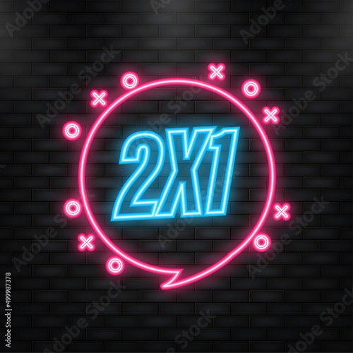 Neon Icon. 2X1 red half price commercial tag isolated on white background. Vector illustration