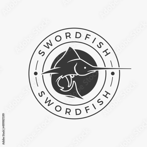 3D Fototapete Badezimmer - Fototapete Minimalist circle hunting swordfish vintage logo with place for text vector illustration. Retro textured fishing wildlife rounded label isolated. Spinning sport wild fish business emblem store retail