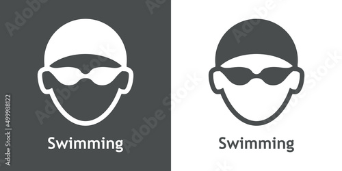 Logo con texto Swimming. Icono plano con silueta de cabeza de nadador con sombrero de natación y gafas protectoras en fondo gris y fondo blanco photo