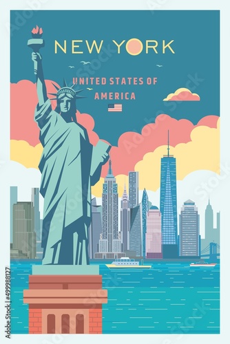 New York city skyline and liberty statue vector poster design. 