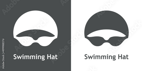 Logo con texto Swimming Hat. Icono plano con silueta de cabeza de nadador con sombrero de natación y gafas protectoras en fondo gris y fondo blanco photo