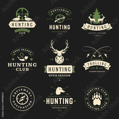 Collection monochrome hunting season society vintage logo vector illustration with place for text. Set minimalist brutal contoured emblem template fishing catching wild animals and birds design