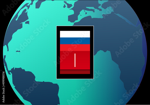 Bandera de Rusia en un interruptor sobre el planeta Tierra en tonos azules. El poder de Rusia en el mundo
