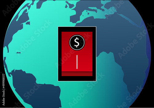 El poder del dólar en el mundo. Símbolo del dólar sobre un interruptor rojo sobre el planeta Tierra en tonos azules
