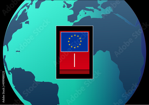 Bandera de la UE en un interruptor sobre el planeta Tierra en tonos azules. El poder de UE en el mundo