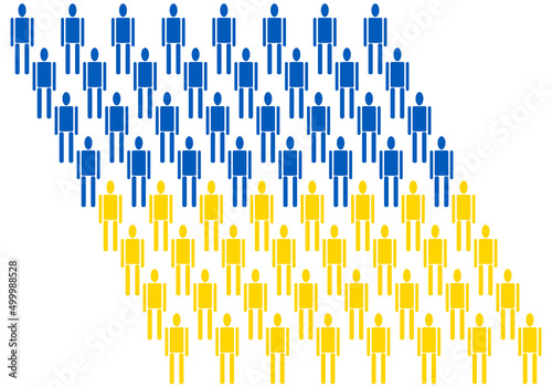 Ucranios, ucranianos formando la bandera de Ucrania. Siluetas de personas formando la bandera de Ucrania en azul y amarillo sobre fondo blanco. Grupo o ejercito de ucranianos. Población ucraniana