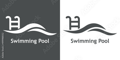 Logo con texto Swimming Pool. Icono plano con silueta de escalera de mano con olas en fondo gris y fondo blanco