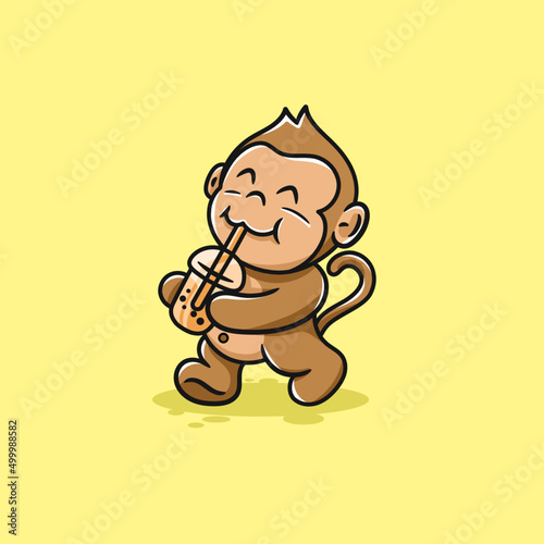 Photography cute monkey drinking boba tea while walking