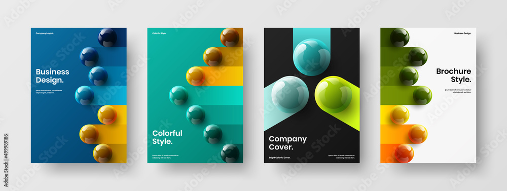 Creative annual report vector design concept collection. Abstract realistic spheres postcard illustration bundle.