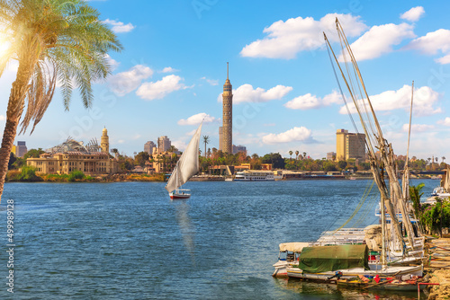 Obraz na płótnie Sailboats by the pier in Cairo, beautiful sunny day view, Egypt w salonie