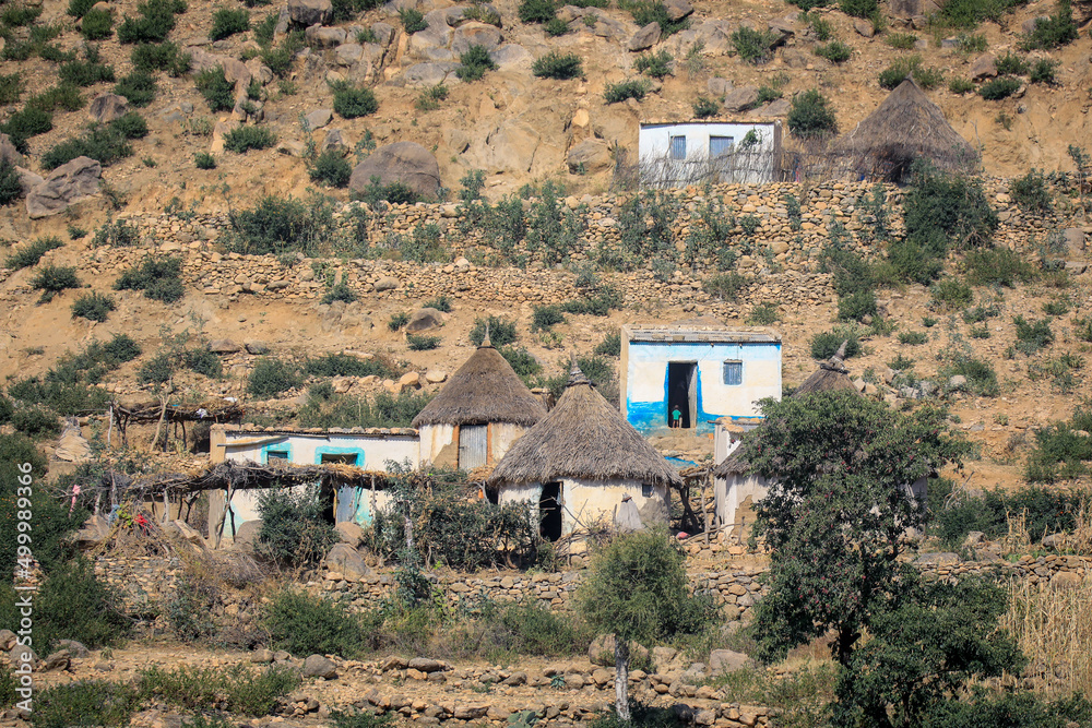 Small Local Village with Typical Keren Houses, Eritrea Stock Photo