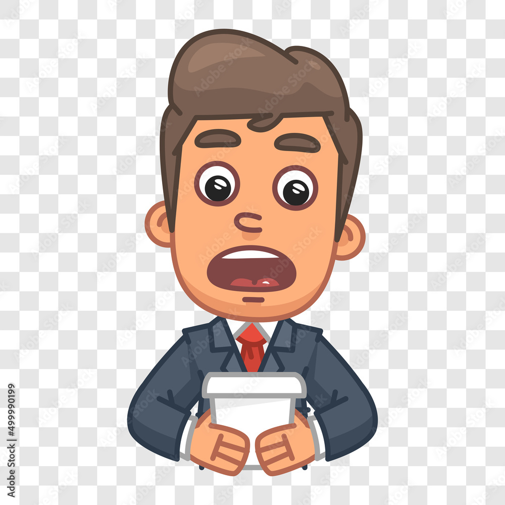 Businessman reading text on paper. Funny character. Vector character