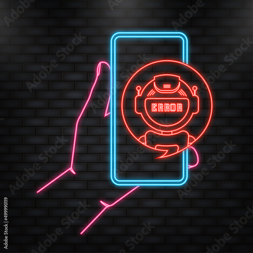 Neon Icon. Error chatbot glyph icon. Silhouette symbol. Talkbot with error in speech bubble. Error bot. Artificial intelligence