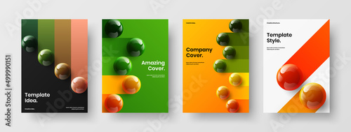 Geometric 3D spheres company brochure concept bundle. Unique booklet design vector template composition.