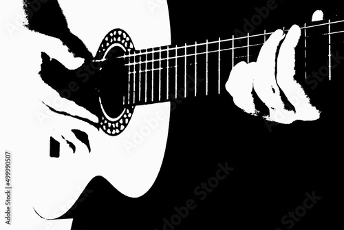 Musik graphic with guitar in black and white.