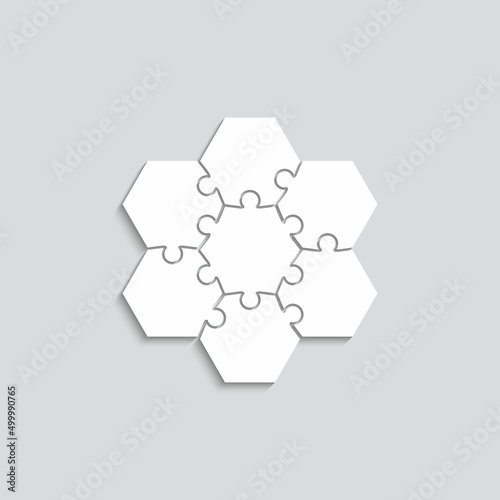 Puzzle pieces. Jigsaw grid. Thinking mosaic game with 7 hexagonal shapes. Simple scheme with separate details. Cutting template. Business presentation for infographics. Vector illustration.