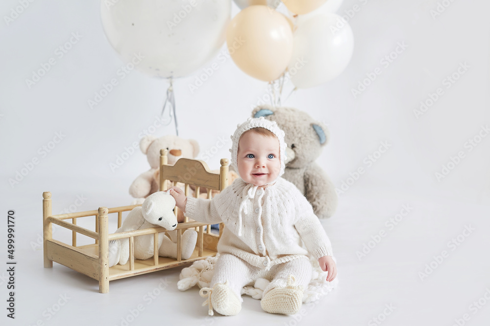 Toddler boy birthday. Child with balloons and toys. Happy Birthday! Celebration First year baby. Toddler boy birthday. Child with balloons and toys. Happy Birthday! Celebration First year baby.