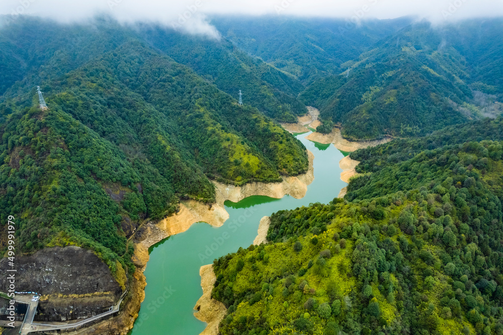 Aerial shot of Huangyuan Reservoir in Shangrao