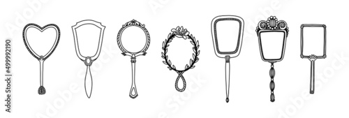 A set of antique mirrors with a handle. Round, oval and rectangular hand mirrors. Vintage makeup accessories, frames of various shapes. Hand drawn vector illustration on white isolated.