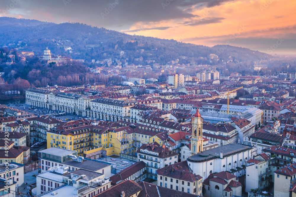 Turin skyline, panoramic view, the city center in a clear winter afternoon. Torino, Piedmont.