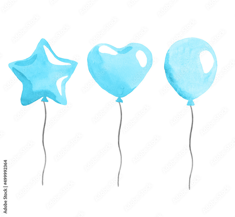 watercolor blue air balloons on white background