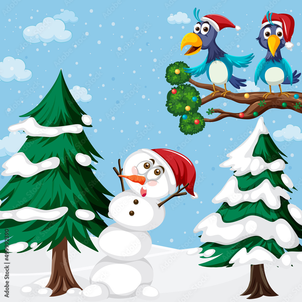 Christmas holidays with snowman and birds