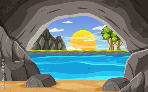Inside cave landscape in cartoon style