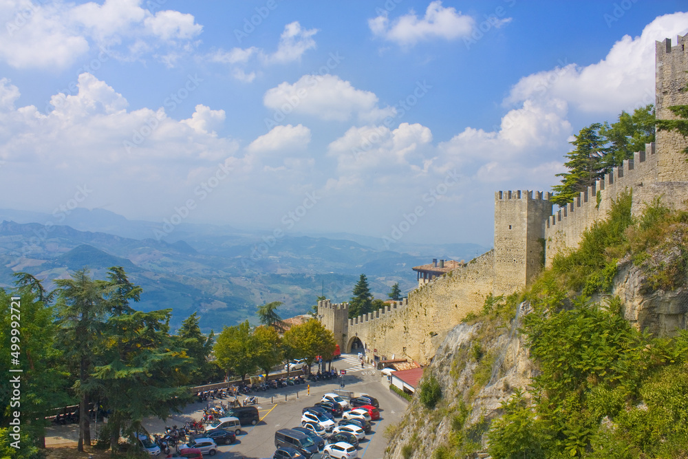 Panorama of Cesta Tower is Second Tower in Old Town in San Marino