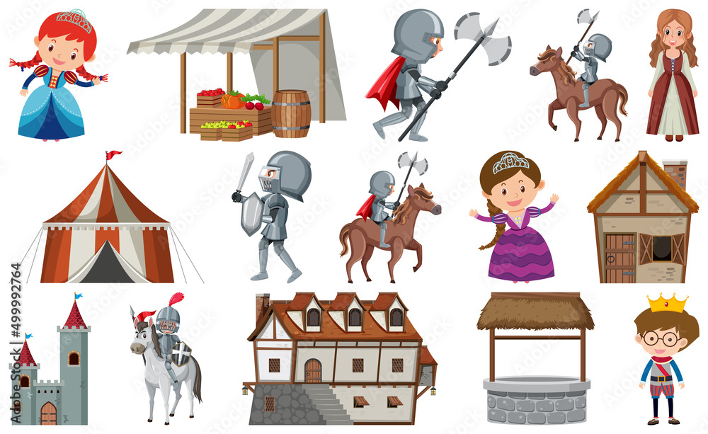 Obraz premium Medieval characters buildings set