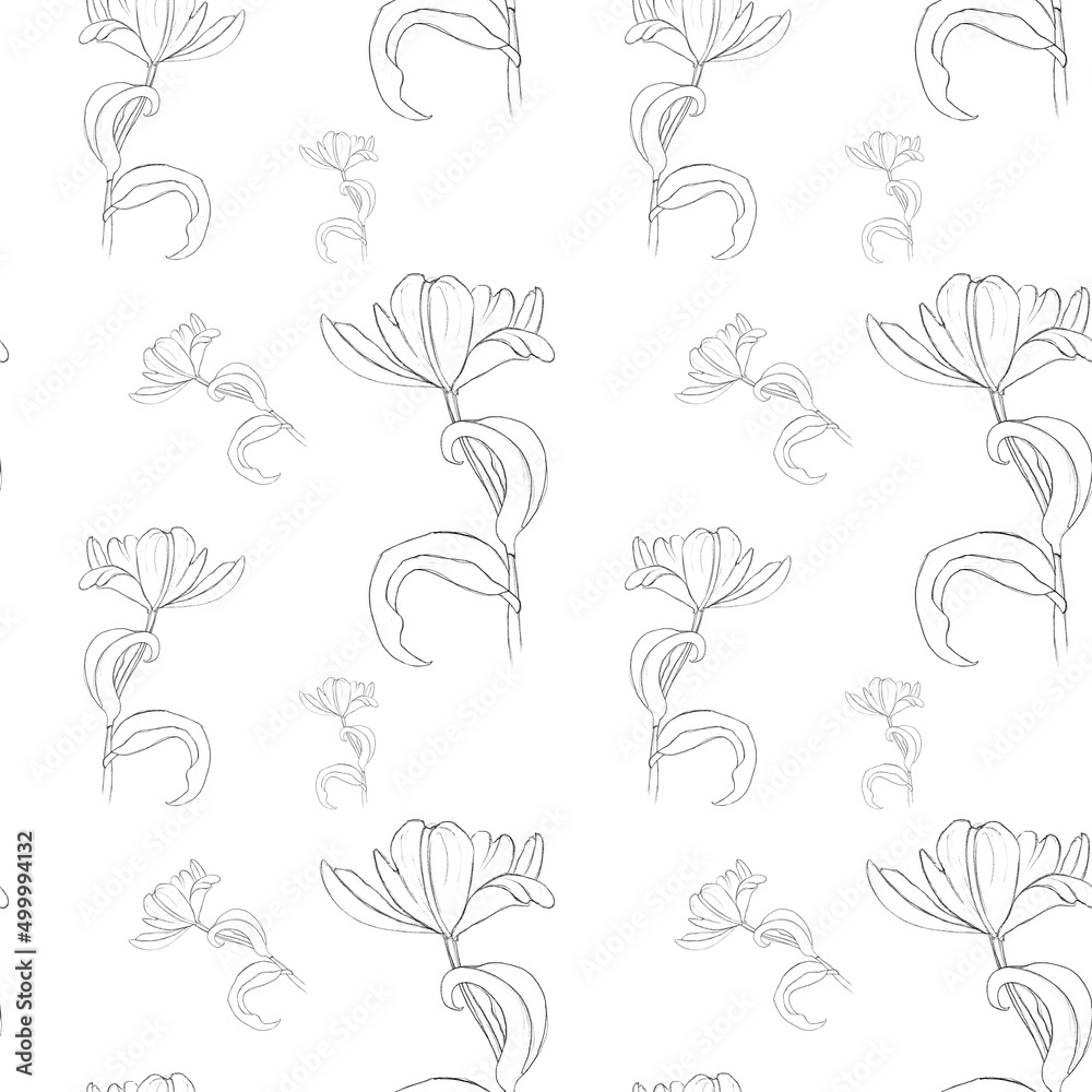 Seamless pattern with the image of a tulip with drawn lines. Print for textiles, wrapping paper, wallpaper, postcards.
