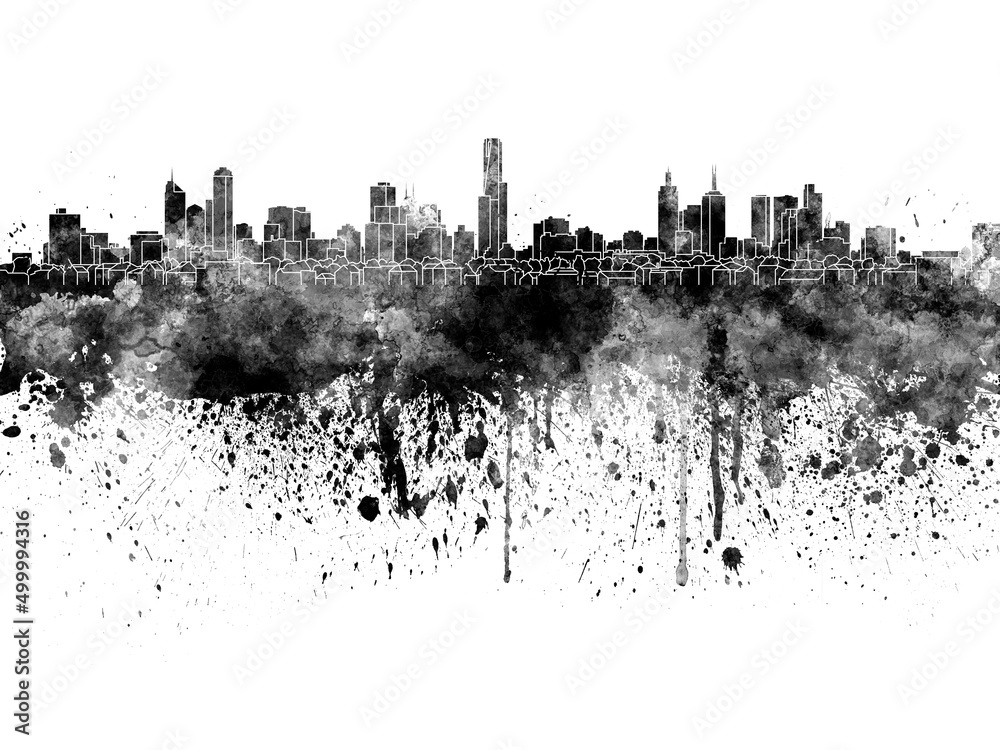 Melbourne skyline in black watercolor on white background