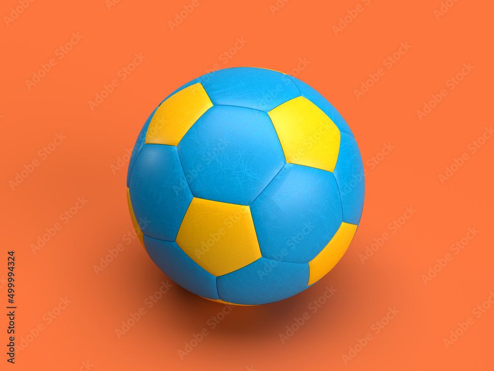 3d render leather blue yellow soccer ball on orange background 3d render leather blue yellow soccer ball on orange background