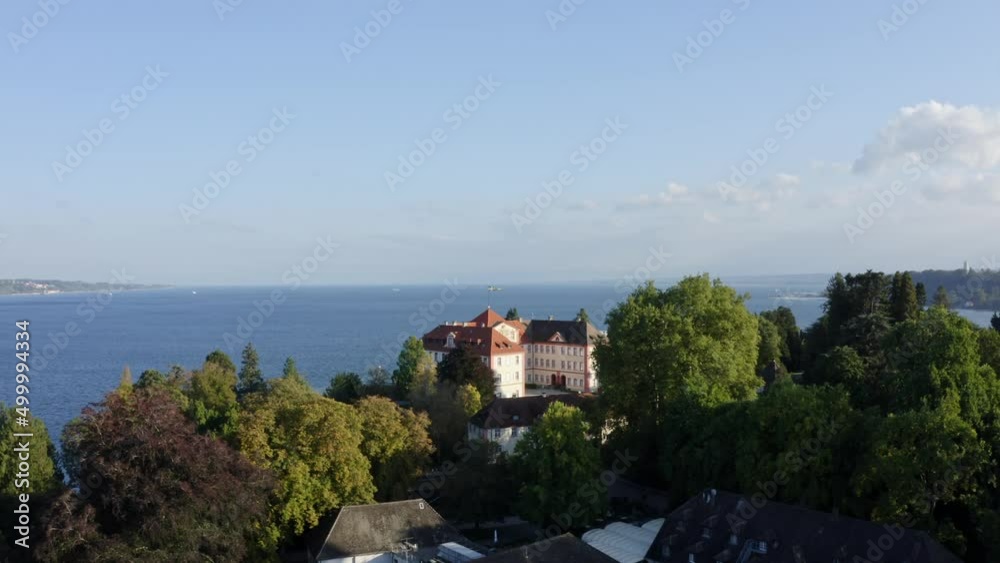 Aerial drone flight over the island Mainau in the Lake Constance Aerial drone flight over the island Mainau in the Lake Constance