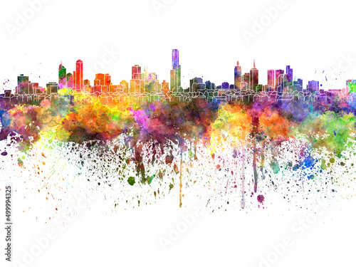 Melbourne skyline in watercolor on white background