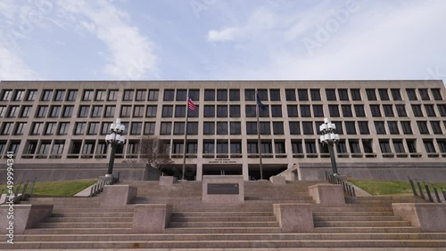 Wide shot of the United States Department of Labor (DOL) Frances Perkins Building in Washington, D.C  seen from Constitution Avenue. This federal executive department administers employment laws.