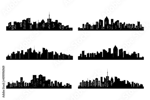 Black cities silhouette collection. Horizontal skyline set in flat style isolated on white. Cityscape with windows  urban panorama of night town. Jpeg illustration