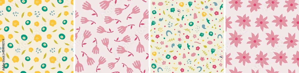 Set of seamless patterns in cutout style. Vector backgrounds Set of seamless patterns in cutout style. Vector backgrounds