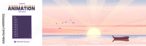 Sea landscape with wooden boat and rising sun on horizon at morning. Vector parallax background ready for 2d animation with cartoon illustration of sunrise seascape or ocean
