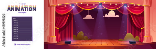 Theater stage cartoon background for game animation with 2d separated layers. Red curtains, decoration and spotlights at theatre interior with wooden scene. Parallax slidescroll Vector illustration