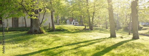 Fotografiet Traditional country house, green lawn, trees, flower decoration