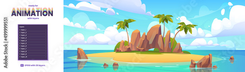 Island in ocean cartoon background ready for animation. Uninhabited isle with beach, palm trees and rocks surrounded with sea water, separated layers for 2d game Tropical landscape vector illustration
