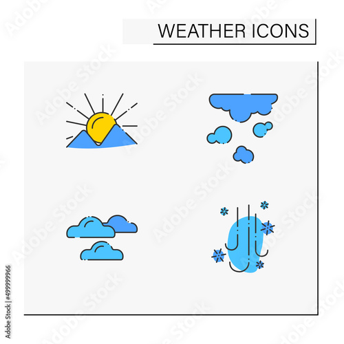 Weather color icons set. Sunrise and sunset, smog, cloudy and scattered snow. Meteorology concept. Isolated vector illustrations