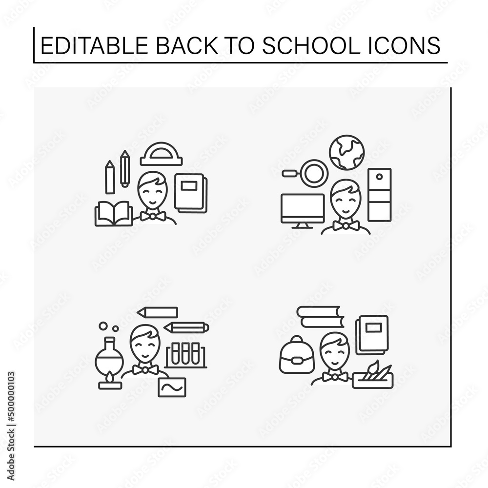 Back to school line icons set. Happy schoolboy ready to study. Geography, chemistry and draw lessons. Education concept. Isolated vector illustrations. Editable stroke