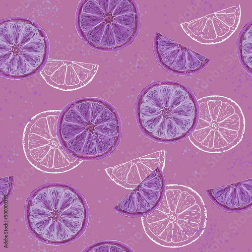 In purple color hand drawn and graphic orange slices with splashes