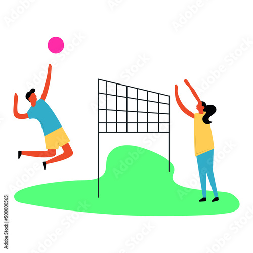Isolated characters. Sports game of volleyball, pioneer ball. Girl and boy. Net. Bright cartoon flat illustration.
